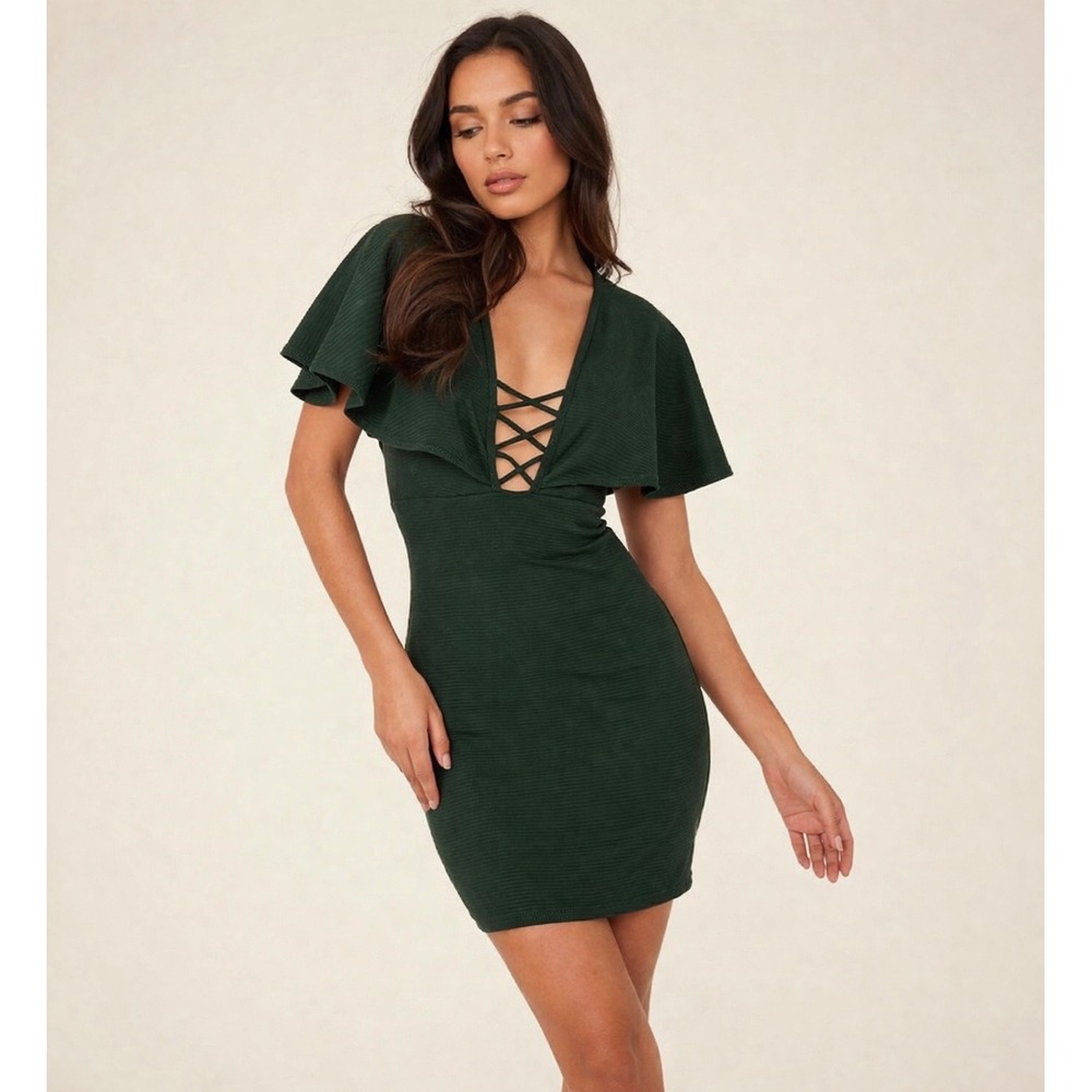 NWT‎ Nookie Charlie Mini Dress Olive Lace Up Flutter Sleeve Bodycon Sz Small
